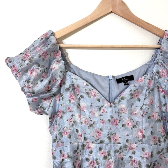 Lulus Floral Puff Sleeve Mini Dress Sweetheart Princesscore Whimsical Fairy HOCO - Picture 3 of 9
